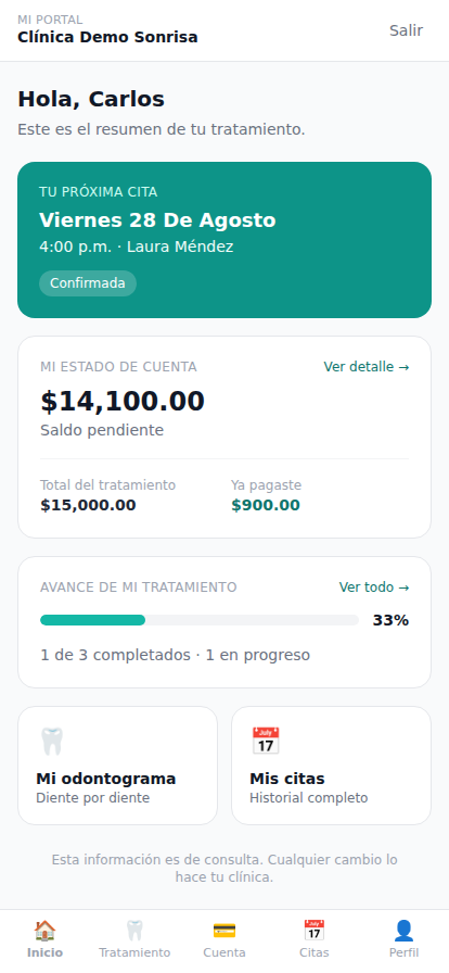 Portal del paciente de DentaMando en un teléfono: próxima cita, estado de cuenta y avance del tratamiento