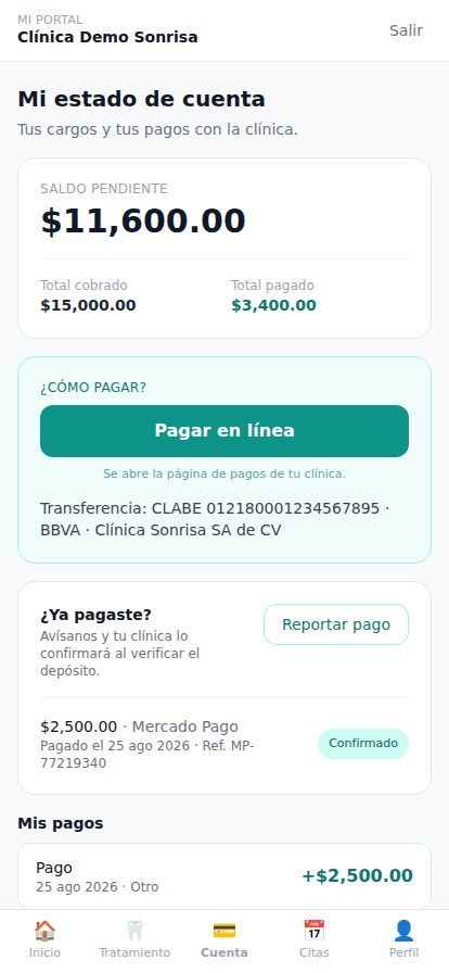 Portal del paciente: estado de cuenta con botón de pago en línea y reporte de pago confirmado